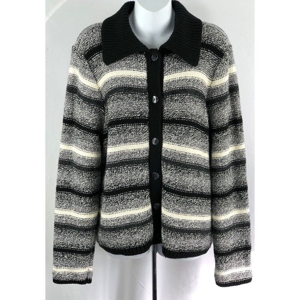 Villager Cardigan Sweater 1 Large Blk/gray Stripe Collar ButtonUp Cottage Boho